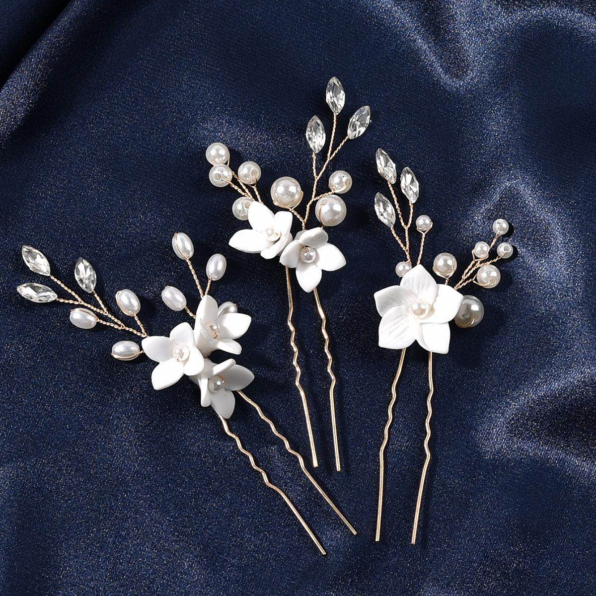 Bride wedding headwear White flower U-shaped Hairpins set of 3 684387483787 - COCOMELODY